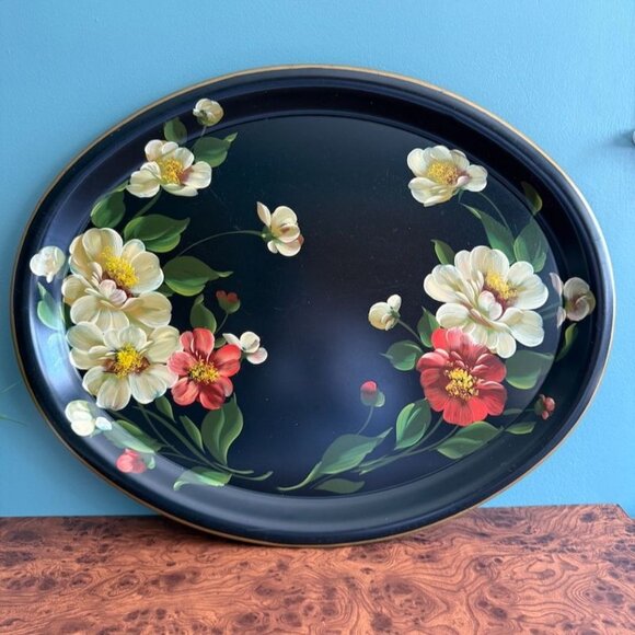 Vintage Hand-Painted Oval Tole Tray With Floral Design Black 25.5" x 20.5" Huge - Picture 1 of 10